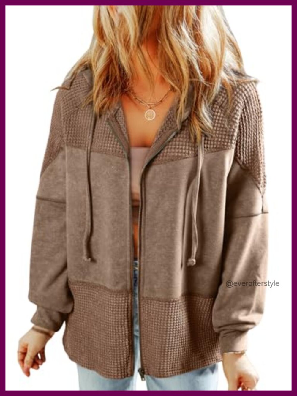 Waffle Stitch Spliced Zip Up Hoodie Loose Fit Lightweight Shirt Jacket with